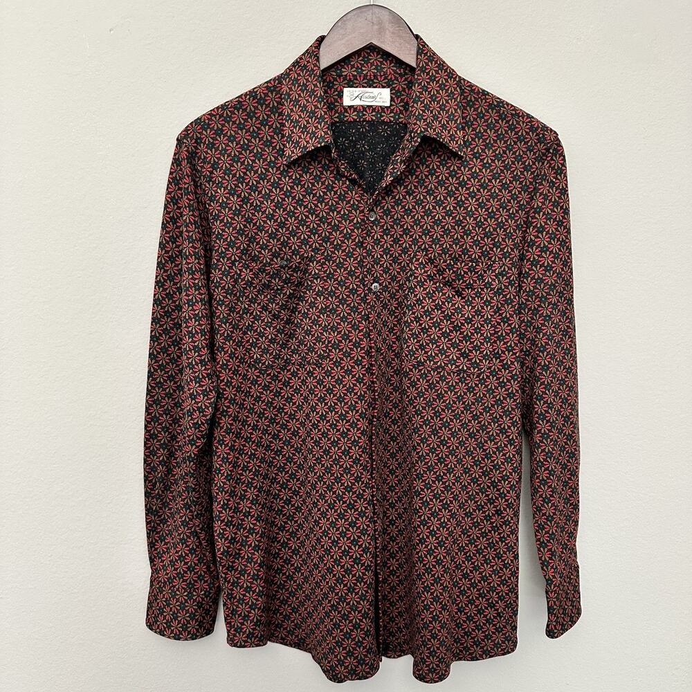 Vintage Academy Ditsy Floral Button Down Shirt Pockets 70s Disco Nightclub